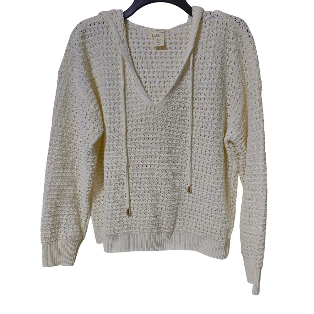 Artelier Nicole Miller Ivory Crochet Knit Hoodie V-Neck Sweater Size L